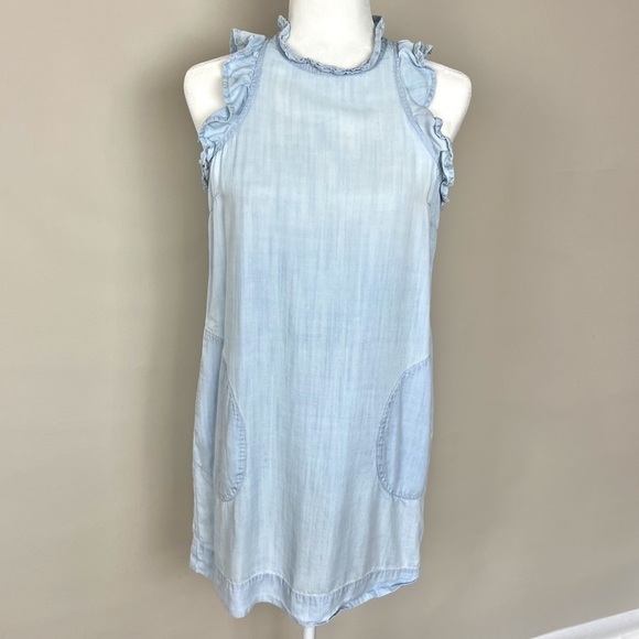 CLOTH & STONE CHAMBRAY MINI DRESS RUFFLE HALTER NECK BLUE SIZE SMALL - Picture 4 of 16